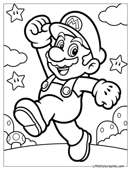 Mario Doing Joyful Victory Jump Coloring Page
