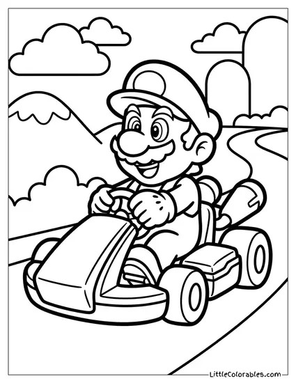 Mario Enthusiastically Driving Fast Kart Coloring Page