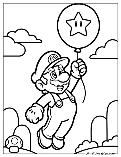 Mario Floating Up Red Balloon Coloring Page