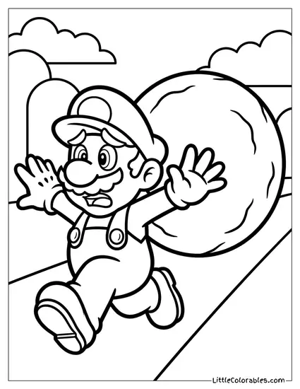 Mario Frantically Running From Boulder Coloring Page