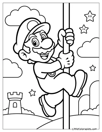 Mario Happily Sliding Down Flagpole Coloring Page