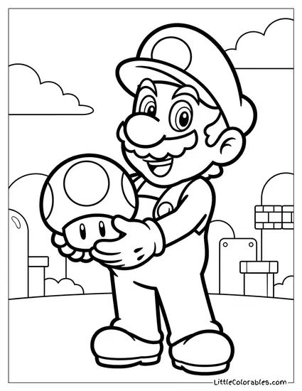 Mario Proudly Holding Red Mushroom Coloring Page