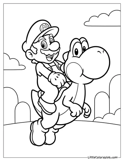 Mario Riding Yoshi Smiling Wide Coloring Page