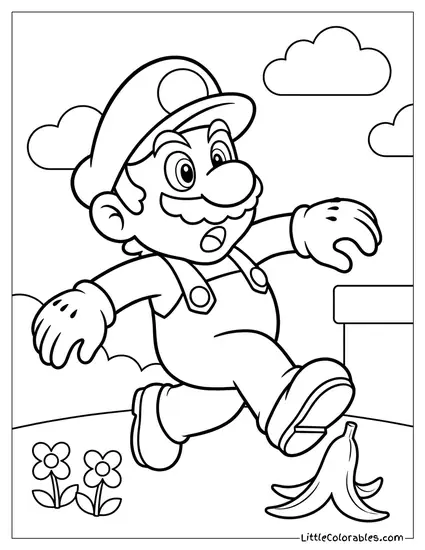 Mario Slipping On Banana Peel Coloring Page