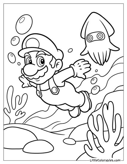 Mario Swimming Away From Blooper Coloring Page