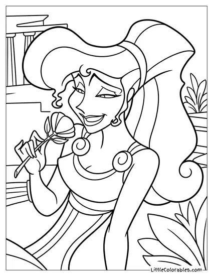 Megara Holding a Flower and Smiling Coloring Page
