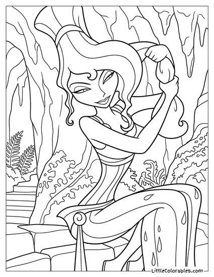 Megara Sitting with Water Dripping and Holding Her Hair Coloring Page