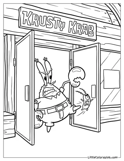 Mr Krabs Angrily Kicking Plankton Out Doors Coloring Page
