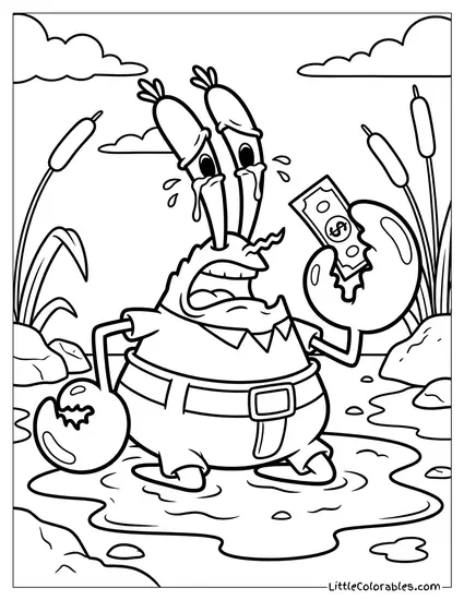 Mr Krabs Crying in Mud Over Dollar Coloring Page