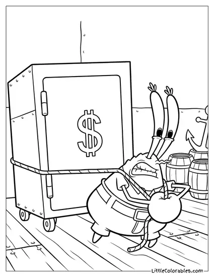 Mr Krabs Dragging a Massive Heavy Safe Coloring Page