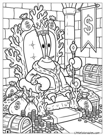 Mr Krabs Dressed as a King on a Throne Coloring Page