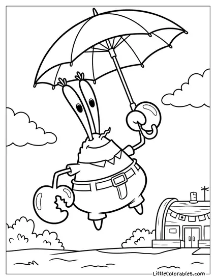 Mr Krabs Floating Gently Down Using Umbrella Coloring Page