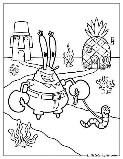 Mr Krabs Happily Walking His Pet Worm Coloring Page
