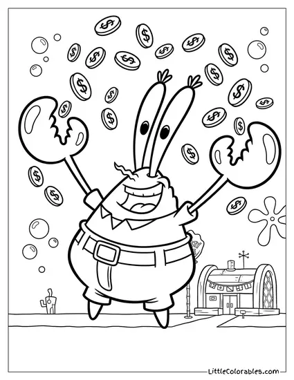 Mr Krabs Leaping Happily with Falling Coins Coloring Page
