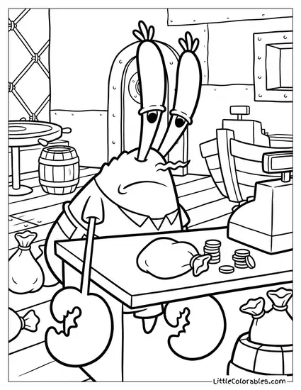 Mr Krabs Looking Exhausted at Cash Register Coloring Page