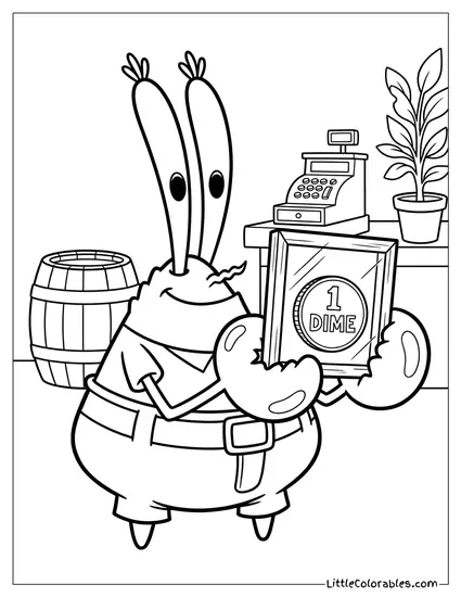 Mr Krabs Proudly Holding First Framed Dime Coloring Page