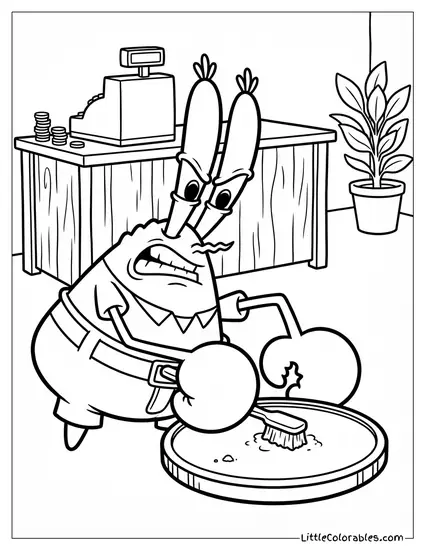 Mr Krabs Scrubbing a Coin with Toothbrush Coloring Page