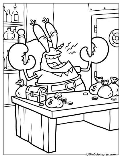Mr Krabs Sitting at Desk Laughing Manically Coloring Page