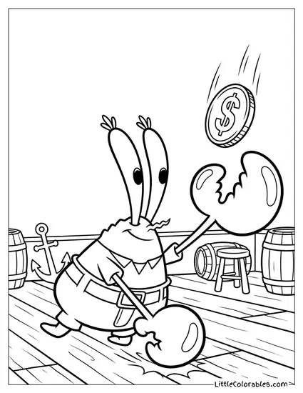 Mr Krabs Sliding on Knees Catching Coin Coloring Page