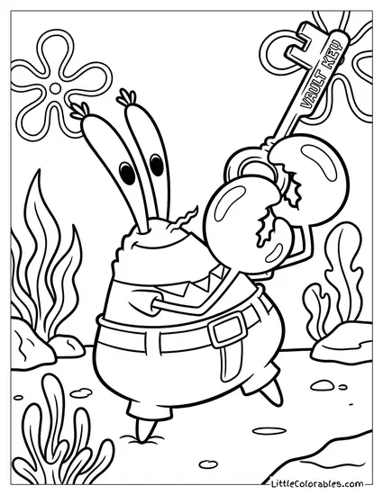 Mr Krabs Sneaking on Tiptoes Holding Key Coloring Page