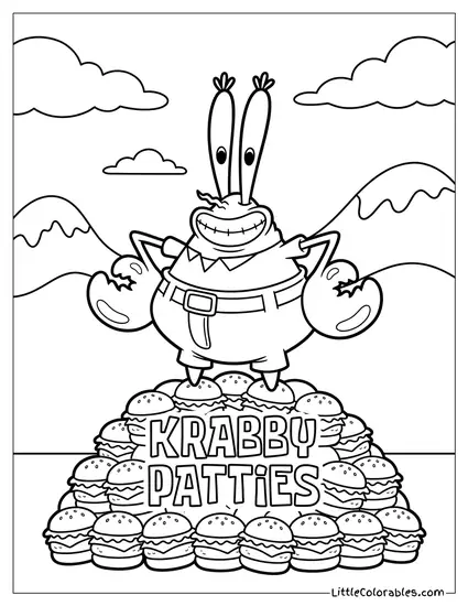 Mr Krabs Triumphantly Standing on Krabby Patties Coloring Page