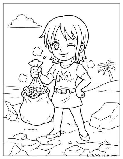 Nami Holding a Bag of Gold Coins on the Beach Coloring Page