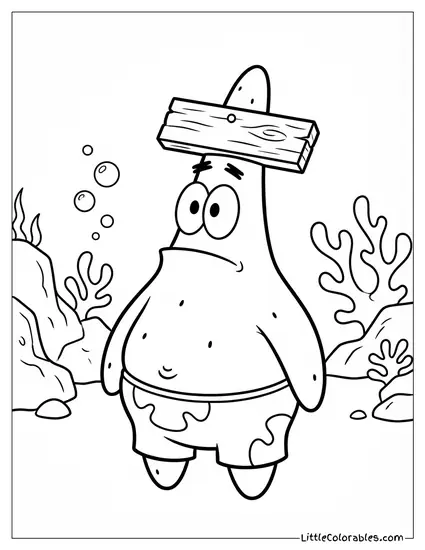 Patrick Looking Confused with a Board on His Head Coloring Page