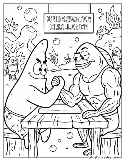 Patrick Star Challenging a Muscular Fish to Arm Wrestling Coloring Page