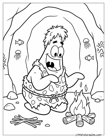 Patrick Star Dressed as Patar the Caveman Discovering Fire Coloring Page