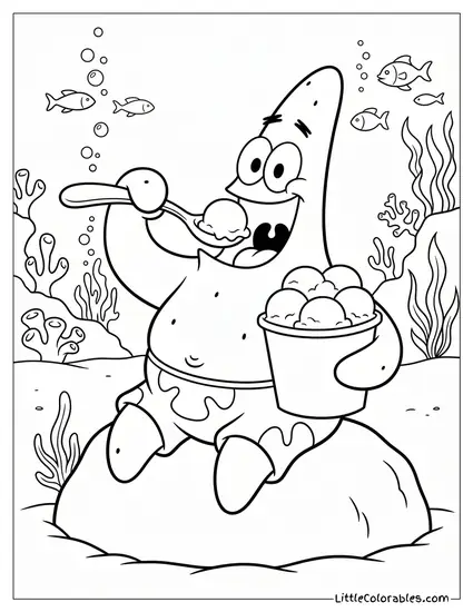 Patrick Star Eating a Bucket of Ice Cream with a Giant Spoon Coloring Page
