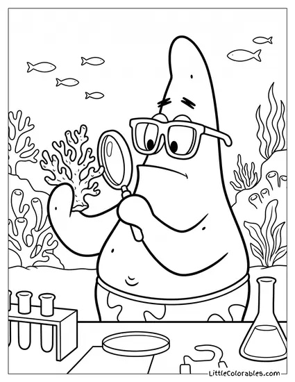 Patrick Star Examining a Piece of Coral Like a Scientist Coloring Page