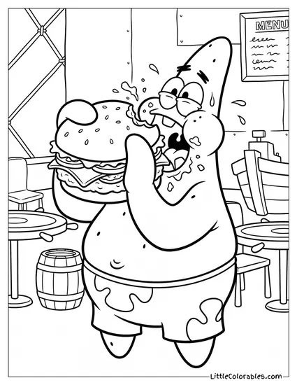 Patrick Star Furiously Eating a Giant Krabby Patty Coloring Page