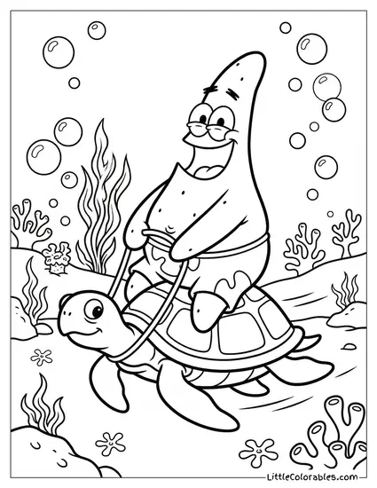Patrick Star Happily Riding a Sea Turtle Coloring Page