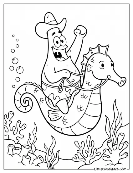Patrick Star Triumphantly Riding a Giant Seahorse Coloring Page