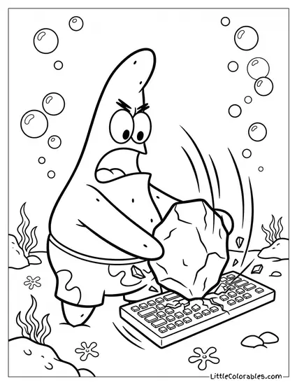 Patrick Star Violently Smashing a Computer Keyboard with a Rock Coloring Page