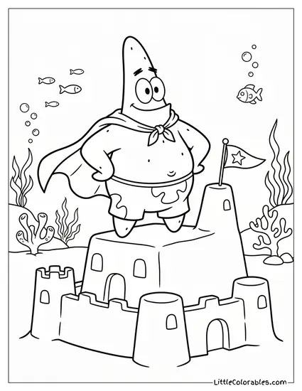 Patrick Star Wearing a Superhero Cape Standing on a Sandcastle Coloring Page