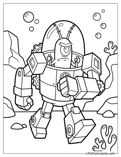 Plankton Aggressively Marching In Robotic Suit Coloring Page