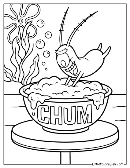Plankton Enthusiastically Eating Giant Bowl Chum Coloring Page