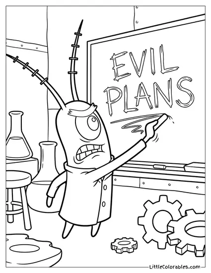 Plankton Furiously Writing Evil Plans Chalkboard Coloring Page