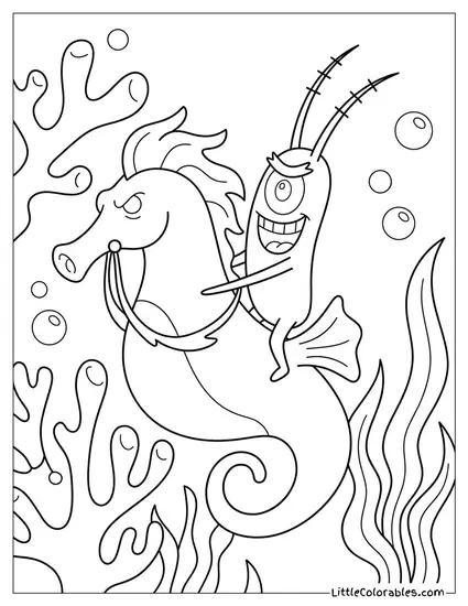 Plankton Laughing Evilly Riding Wild Seahorse Coloring Page