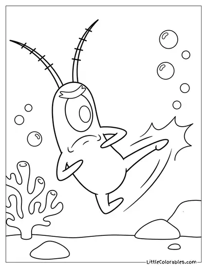 Plankton Performing Powerful Tiny Karate Kick Coloring Page
