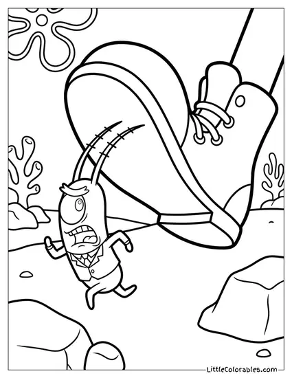 Plankton Running Frantically From Giant Shoe Coloring Page