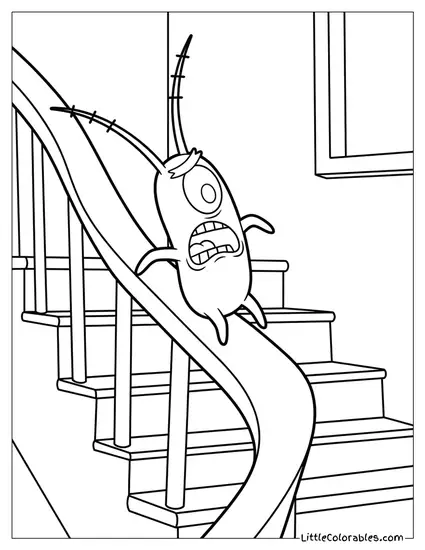 Plankton Sliding Down Stair Railing Terrified Coloring Page