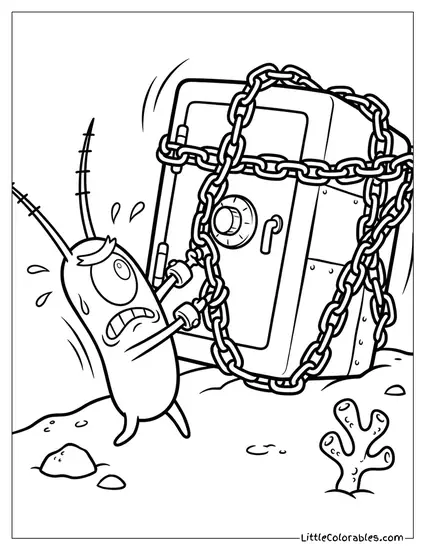 Plankton Struggling Dragging Heavy Chained Safe Coloring Page