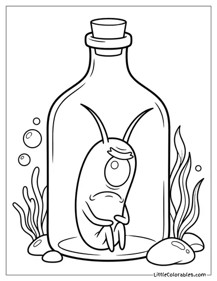 Plankton Trapped Sadly Inside Empty Bottle Coloring Page