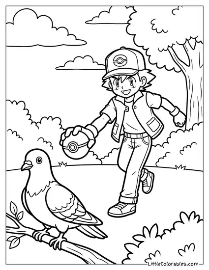 Pokemon Trainer Throwing a Pokeball at a Pigeon Coloring Page