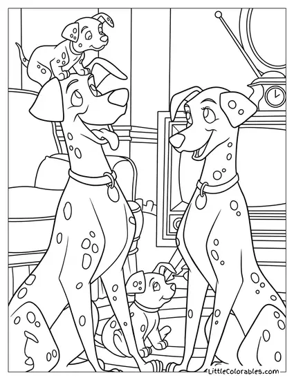Pongo And Perdita With Playful Puppies Coloring Page