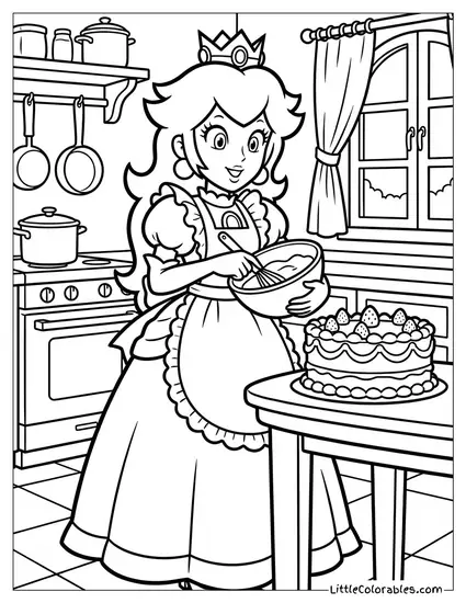 Princess Peach Baking A Delicious Cake Coloring Page
