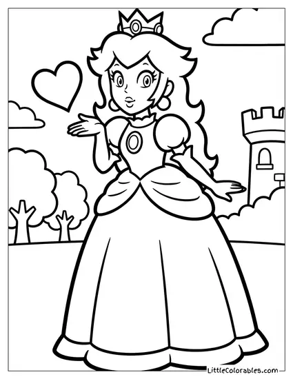 Princess Peach Blowing A Kiss With A Heart Coloring Page