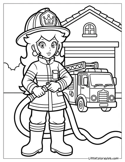 Princess Peach Dressed As A Firefighter Coloring Page